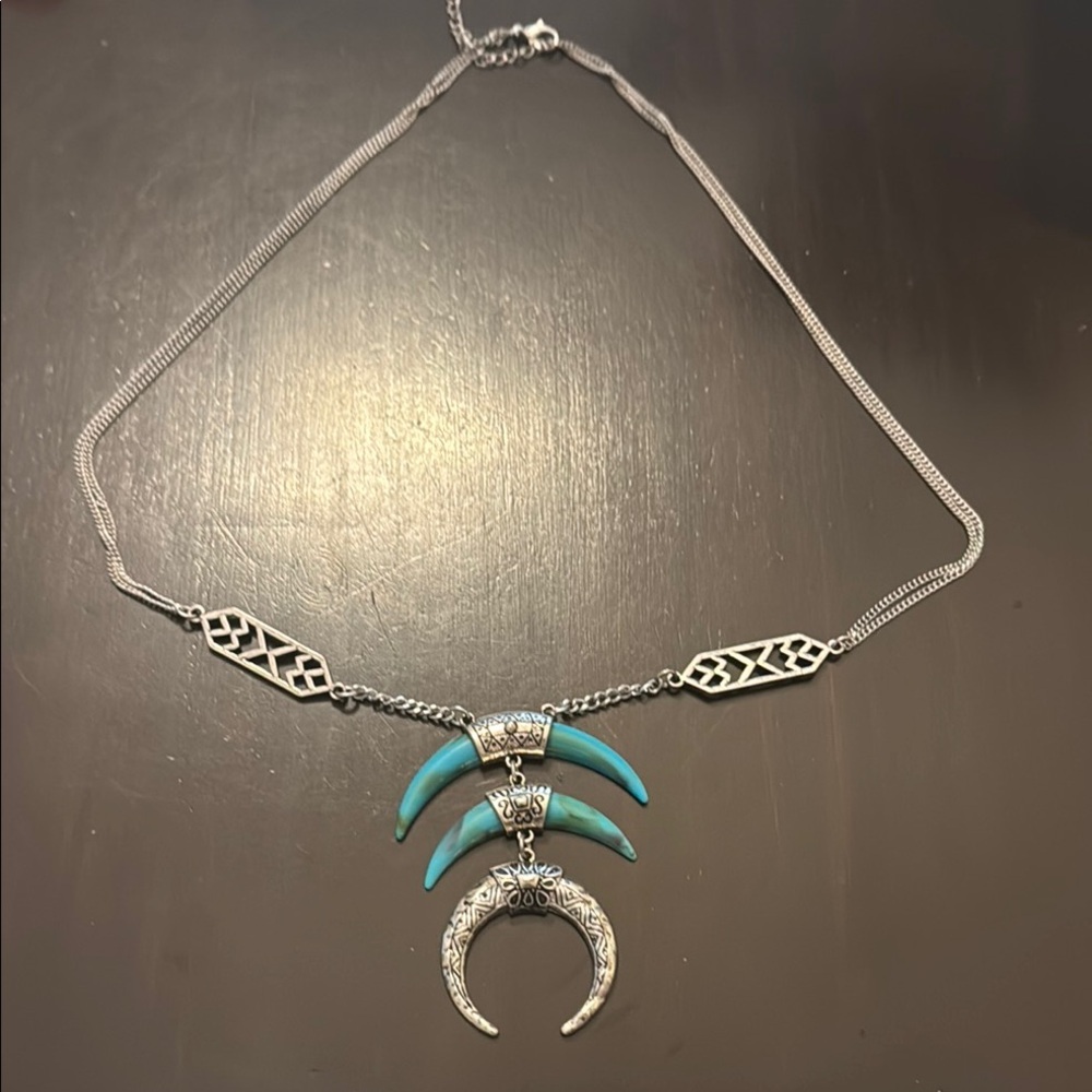 Silver and Turquoise Colored Crescent Necklace